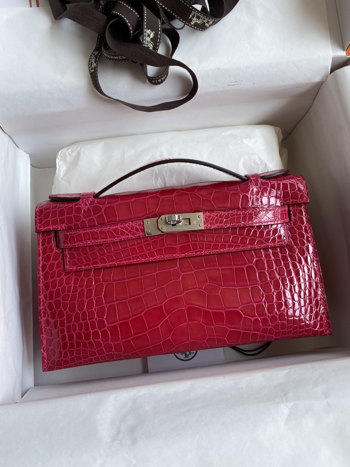 Hermes Mini Kelly Pochette 22cm Bag In Rose Red Shiny Alligator Leather